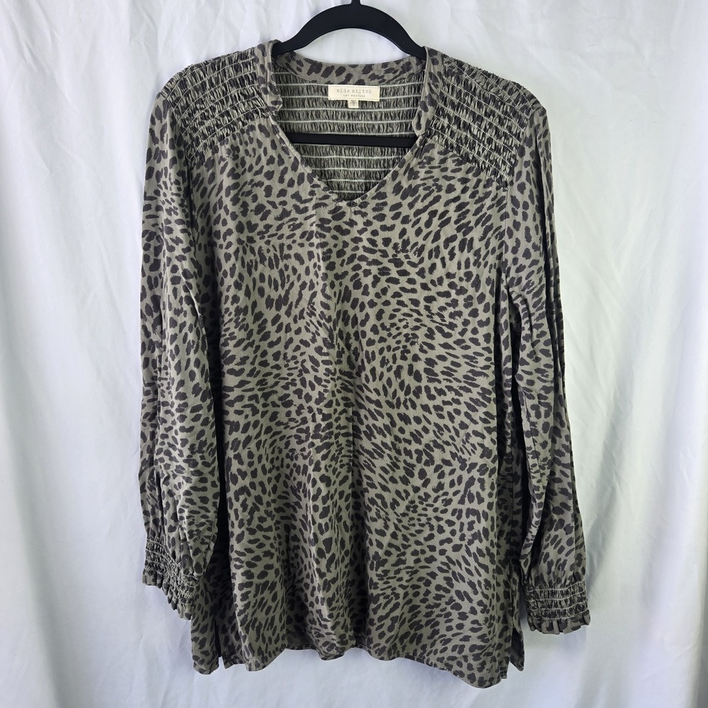 Side Stitch Smocked Yoke‎ Leopard Print Tunic Soft Army Green Mob Wife Weekend